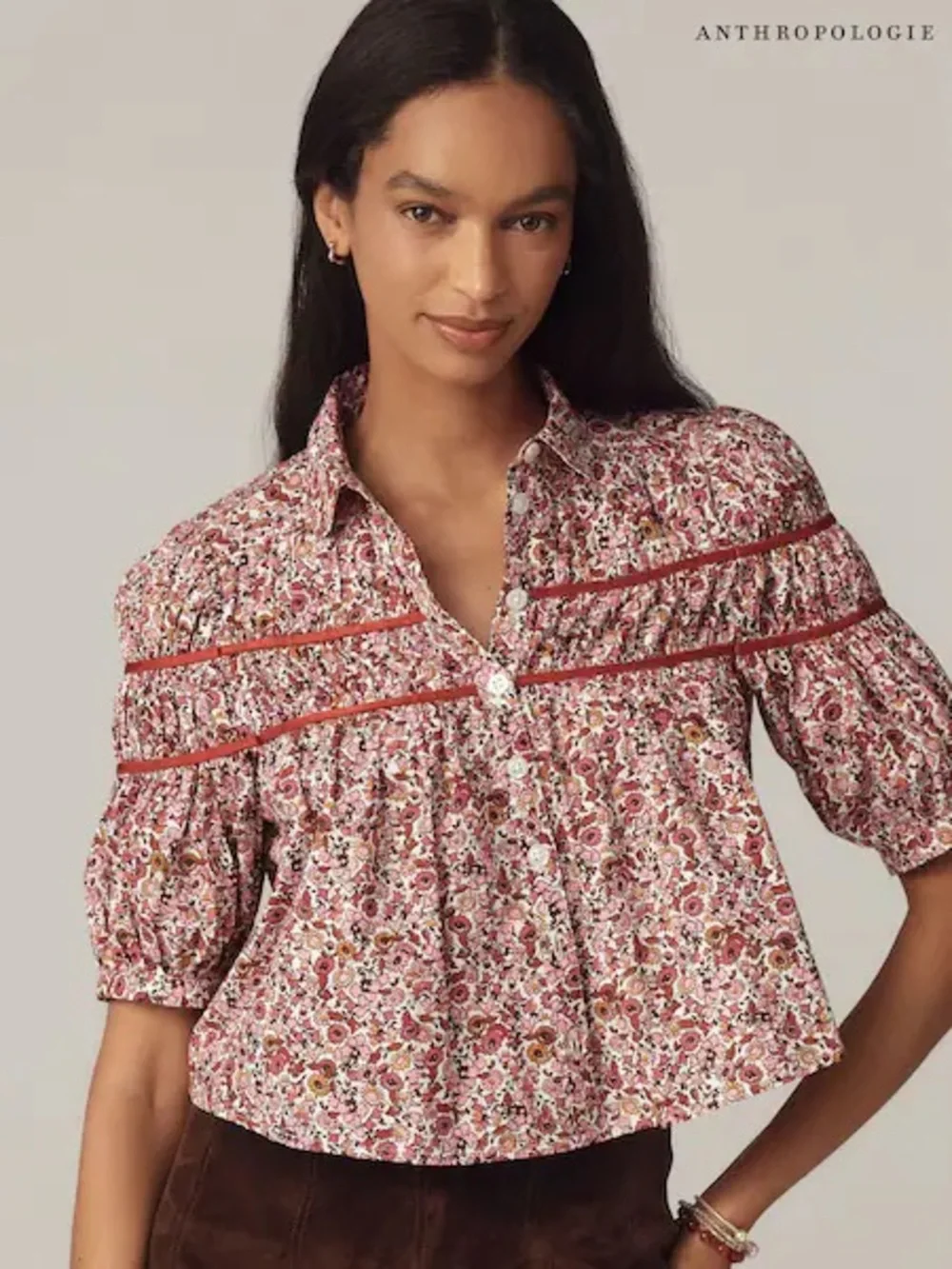 Maeve Floral Button-Front Puff-Sleeve Top in Burgundy and Pink - Picture 1 of 6